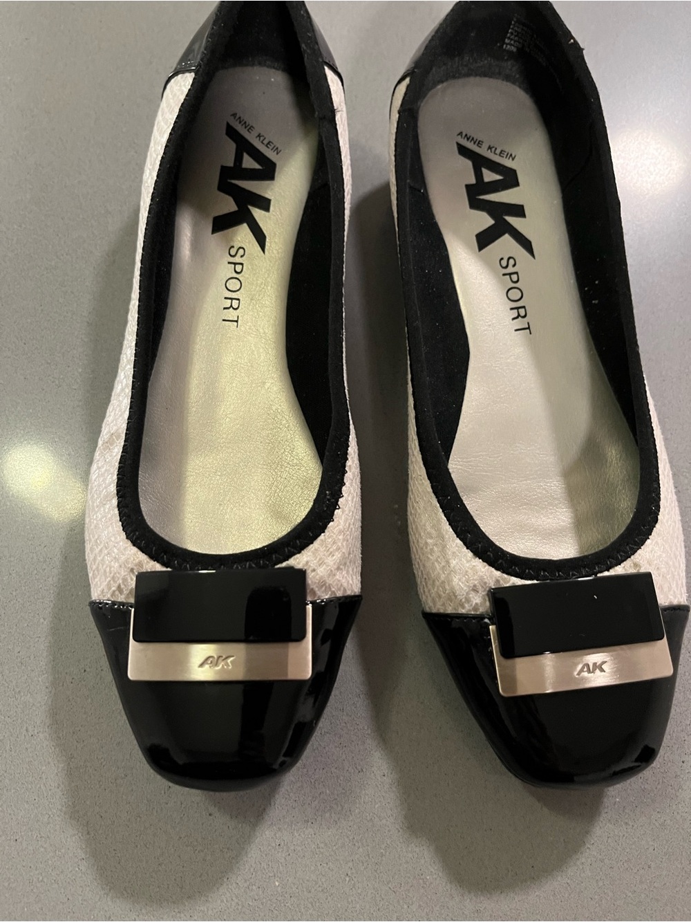 Anne Klein Sport Cream & Black Flats, 9M-Faux snakeskin pattern.